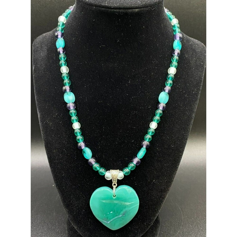 Handmade Aqua Agate Heart Necklace Aqua White Purple Glass Beads by Neanie-Bot